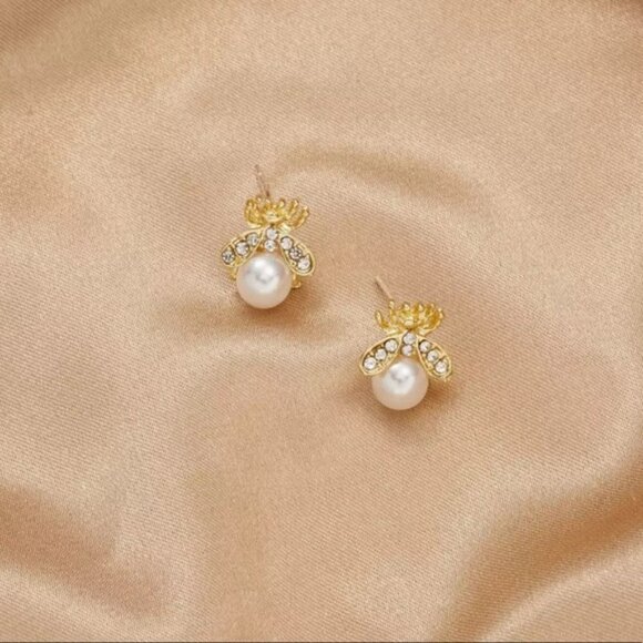 Gold Pearl Bee Stud Earrings - Picture 2 of 5